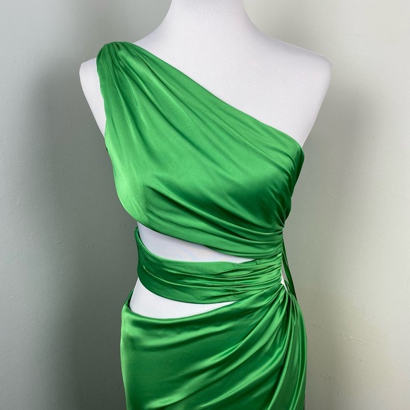 Mac Duggal Spring Green Cut Out One Shoulder Satin Gown Size 4 $498 68485 - Picture 7 of 14